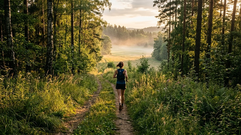 Trail runner on a narrow woodland path at golden hour, tall summer grass along the trail and mist over a meadow beyond the trees