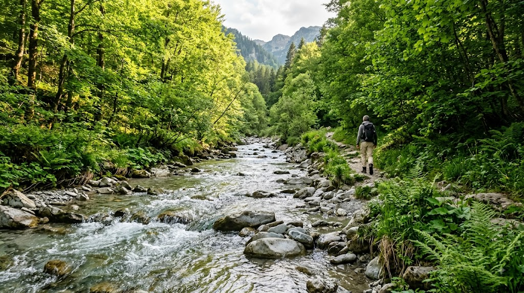 A hiker walking along the bank of a fast-flowing forest stream in early summer, the kind of riverside habitat where blackflies (Kriebelmücken) breed and bite.