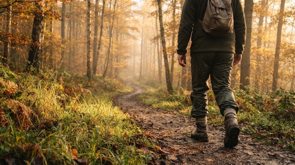 Walker on a misty European woodland trail in warm late-autumn light, illustrating Europe’s lengthening mosquito and tick season