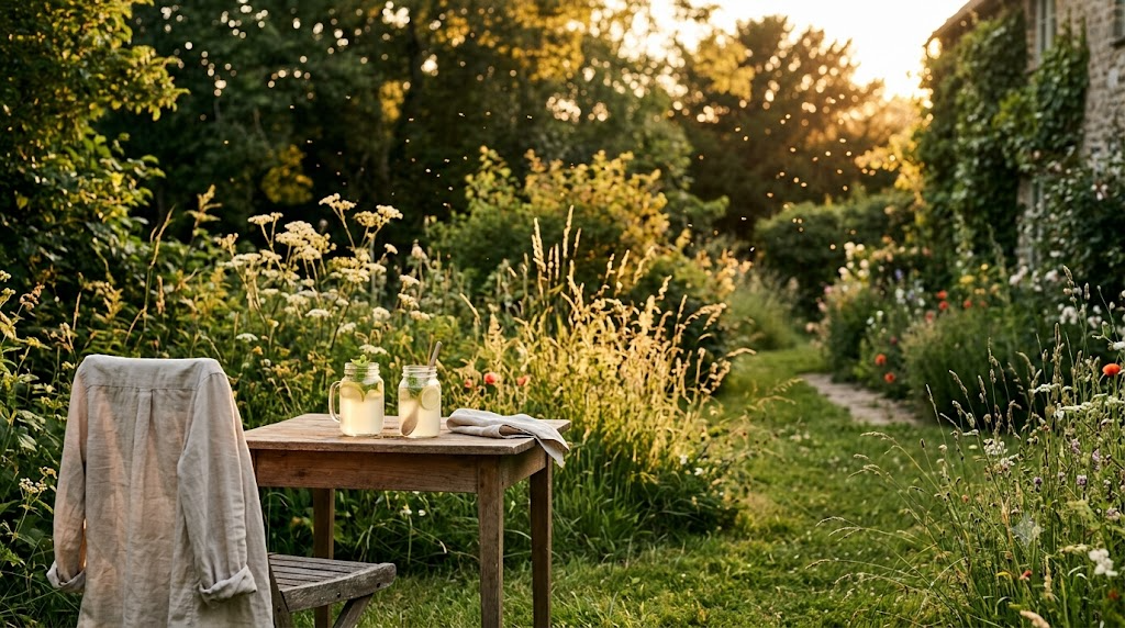 A quiet European summer garden at golden hour with a wooden table, two glasses of lemonade and a linen shirt over a chair, tiny insects glowing in the low backlight