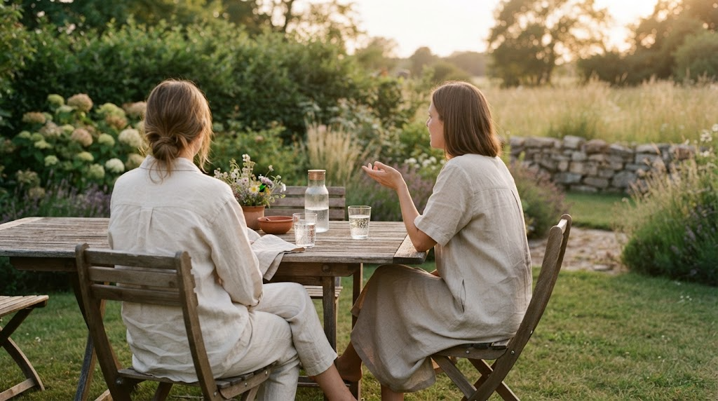 Two people in loose light beige linen clothing sitting at a wooden garden table at dusk, illustrating how pale clothing helps avoid mosquito bites