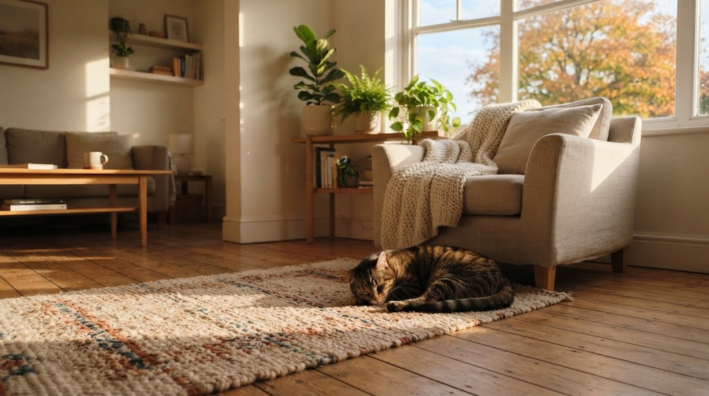 Sunlit autumn living room with a woven wool rug, wooden floor and a cat asleep by the window — where indoor flea populations build up after summer