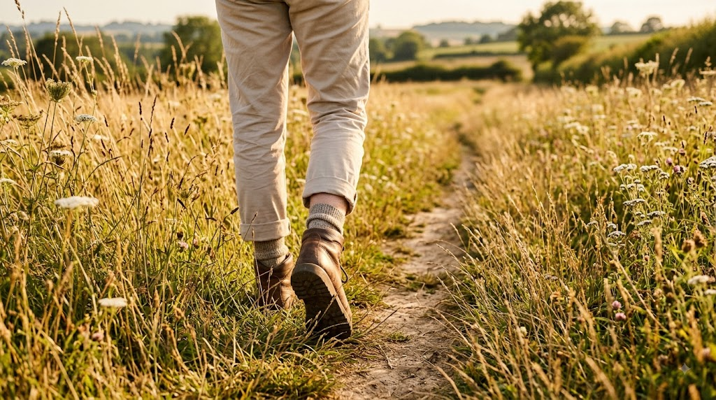 Walker in light trousers tucked into hiking socks and boots stepping along a path through tall late-summer meadow grass, where harvest mites wait