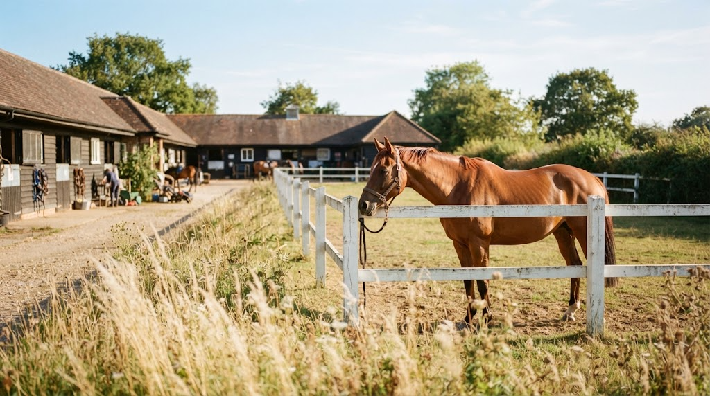 A chestnut horse standing in a sunlit paddock beside a white post-and-rail fence, with a stable block behind, where horseflies are most active