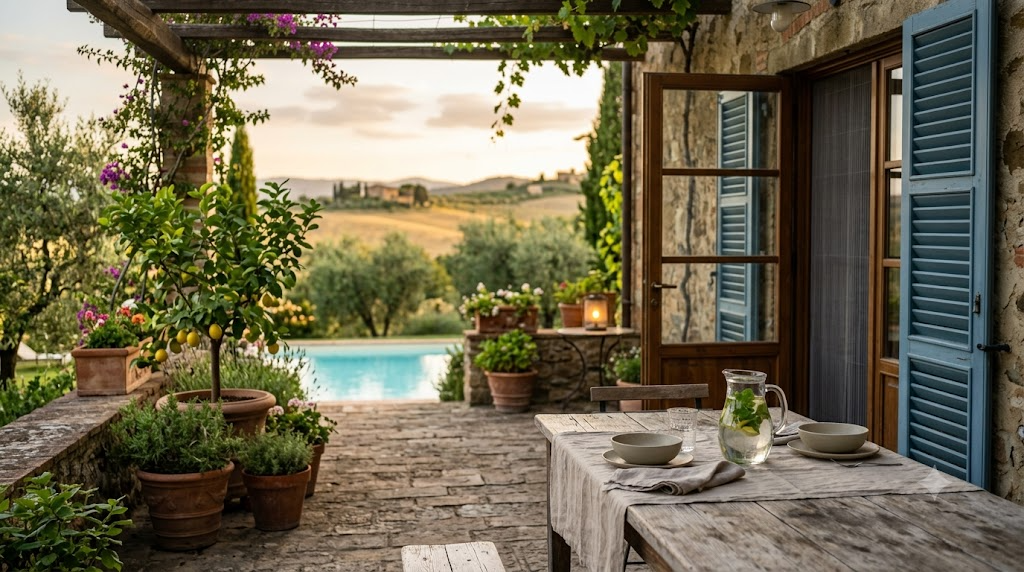 Shaded stone terrace of a Mediterranean holiday villa at golden hour, with louvre shutters, an open screened door, potted lemon tree and herbs, a laid wooden table and a pool beyond
