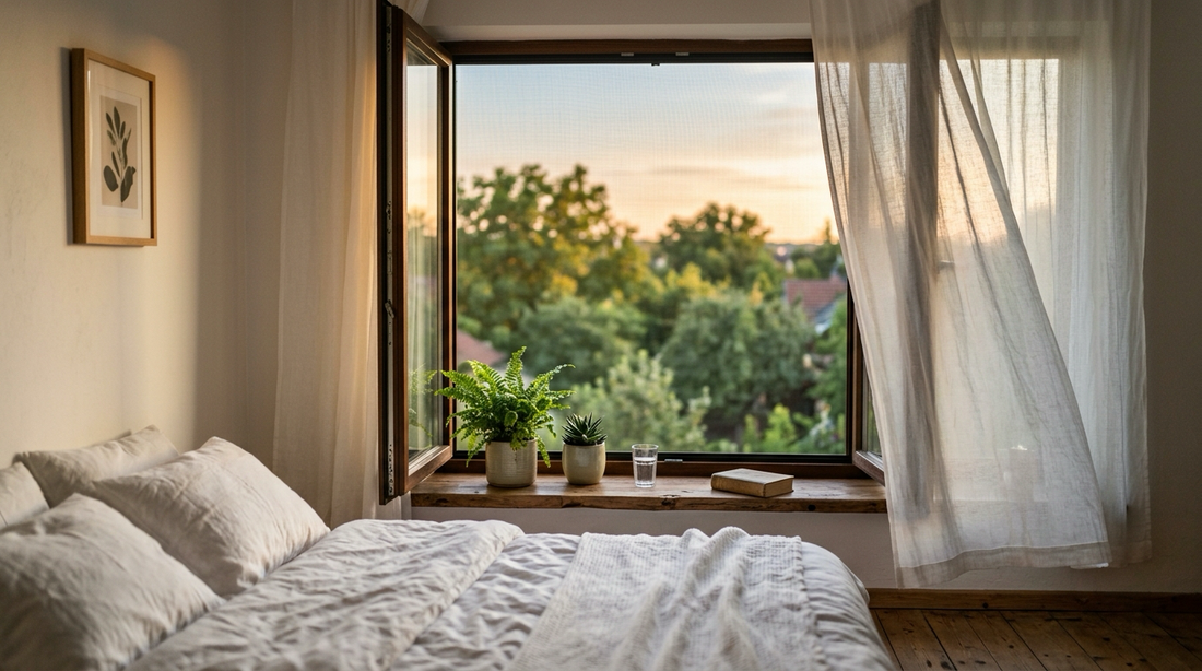 Calm bedroom at dusk with an insect mesh screen fitted to the open window and white linen bedding, warm summer evening light