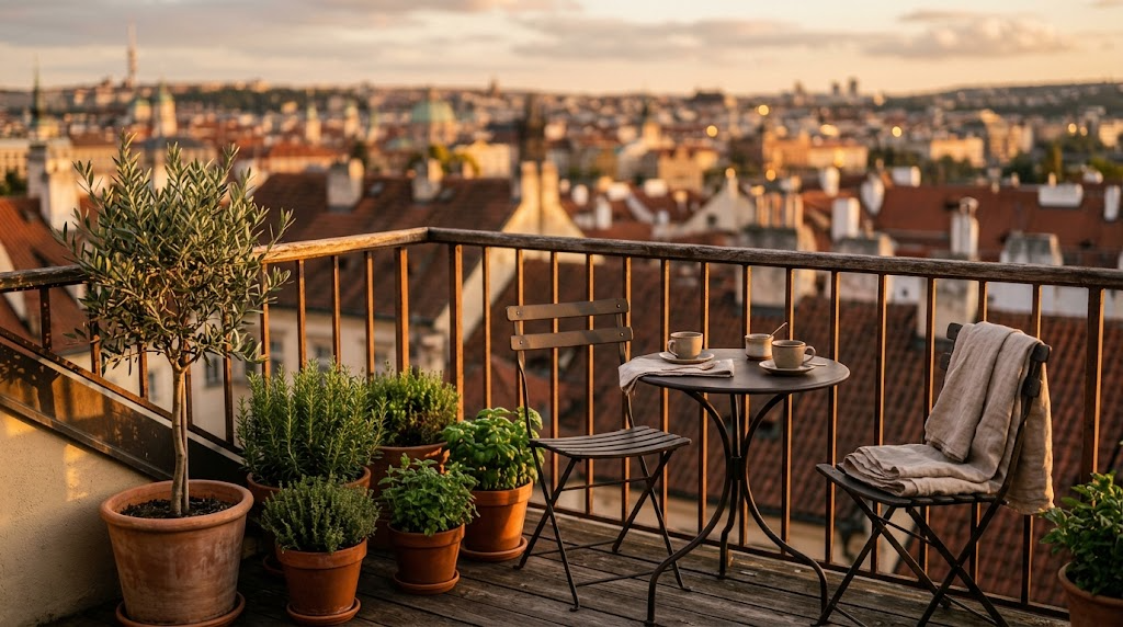 Small city apartment balcony at dusk with potted herbs, a bistro table and city rooftops in the background