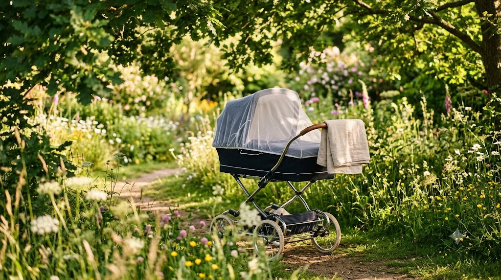 A pram with a fine white mosquito net standing in dappled shade in a peaceful summer garden at golden hour