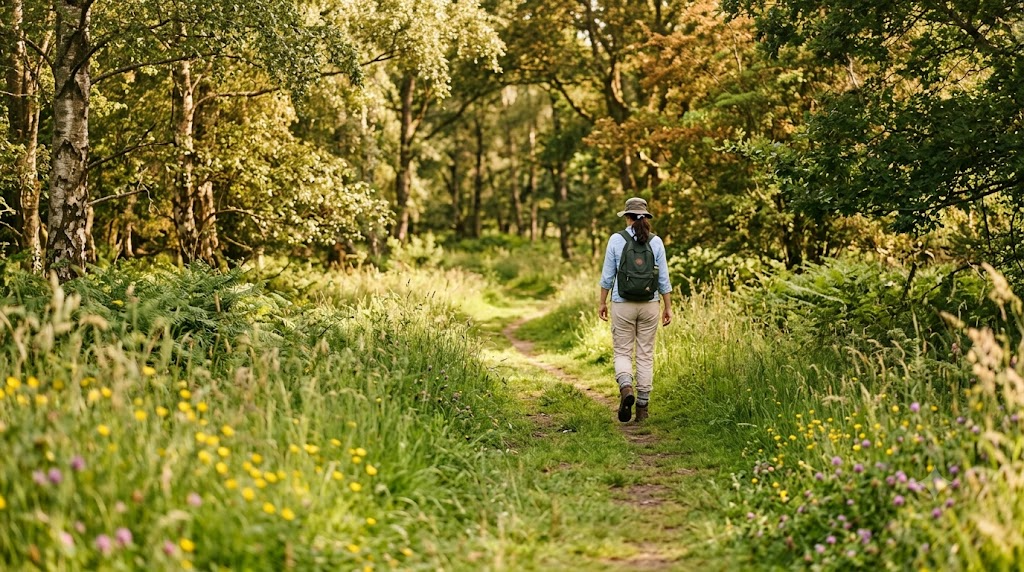 A sunlit grassy footpath through a European woodland edge in late summer, with a walker in long trousers tucked into socks heading away along the trail — typical tick habitat where Lyme disease is transmitted.
