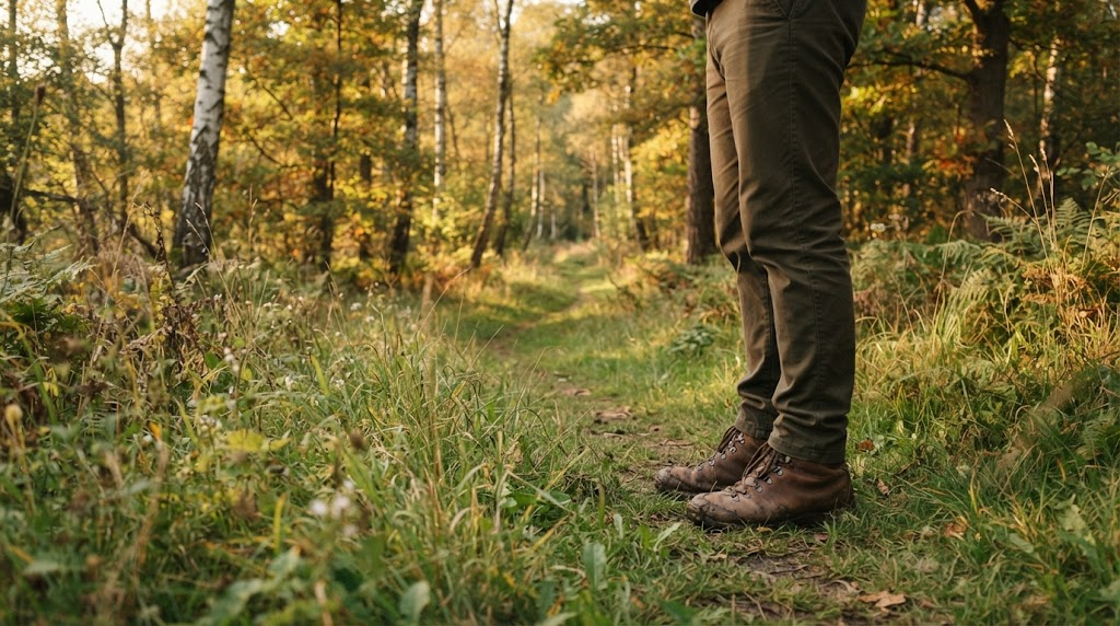 A narrow grassy path through an early-autumn woodland, with a walker's boots and trousers at the edge of the tall grass where ticks live