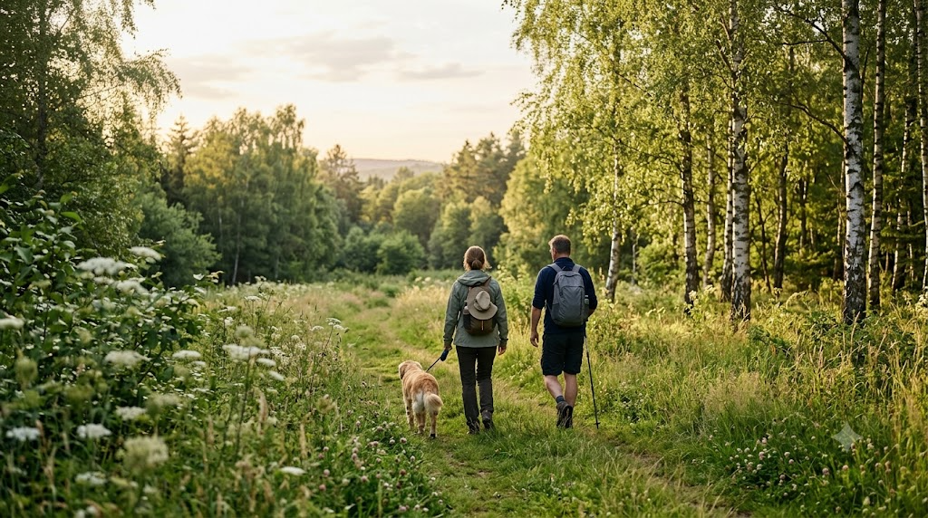 Two hikers with a dog walking a grassy path at the edge of a birch woodland in golden evening light — the kind of setting where mosquito and tick repellent matters