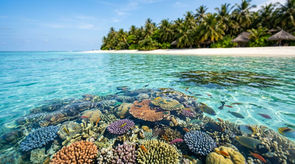 Clear turquoise shallow tropical sea over a healthy colourful coral reef, with a white sand beach and palm trees in the background
