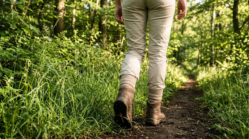 Hiker on a woodland path in tall grass wearing long trousers tucked into socks and walking boots to keep ticks off the skin