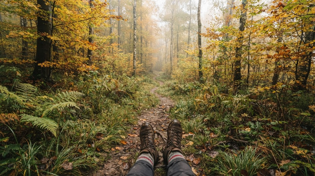 Autumn forest trail in Central Europe seen from a walker's point of view, with hiking boots and long trousers tucked into socks as protection against ticks