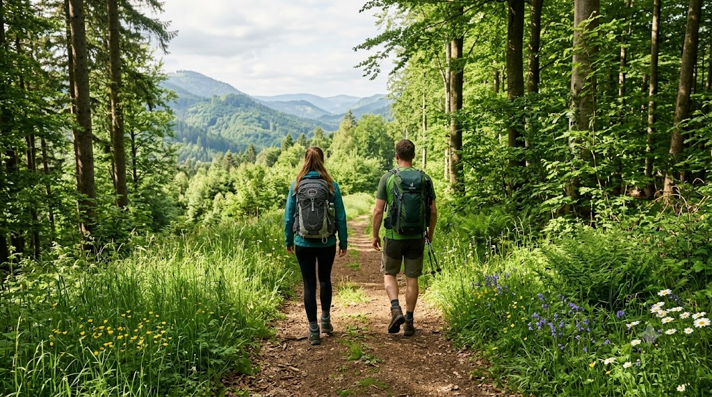 Two hikers walking along a sunlit forest trail in a green European mountain landscape, illustrating tick-borne encephalitis prevention for hikers and travellers