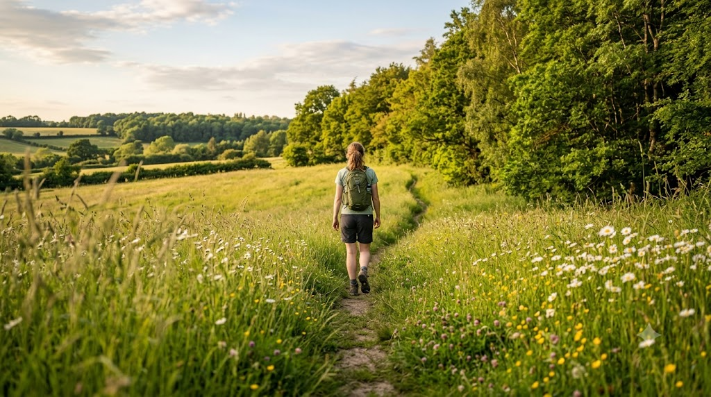 Walker on a narrow path through tall summer grass at the sunlit edge of woodland, the kind of habitat where tick and mosquito bites happen