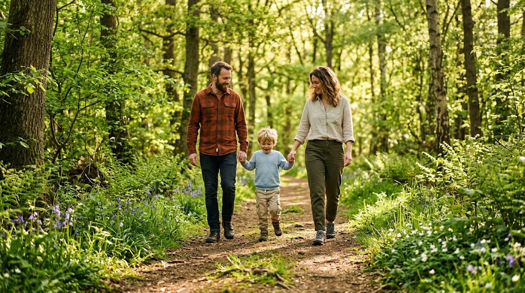 A family with a young child walking along a sunny woodland trail in late spring, illustrating safe outdoor time and tick prevention for children.
