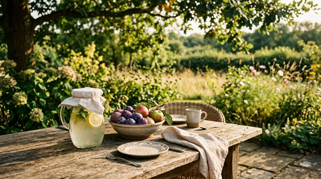 Late-summer garden table in golden afternoon light with a covered jug of lemonade and a bowl of plums and apples — the setting where wasps and hornets are most often encountered
