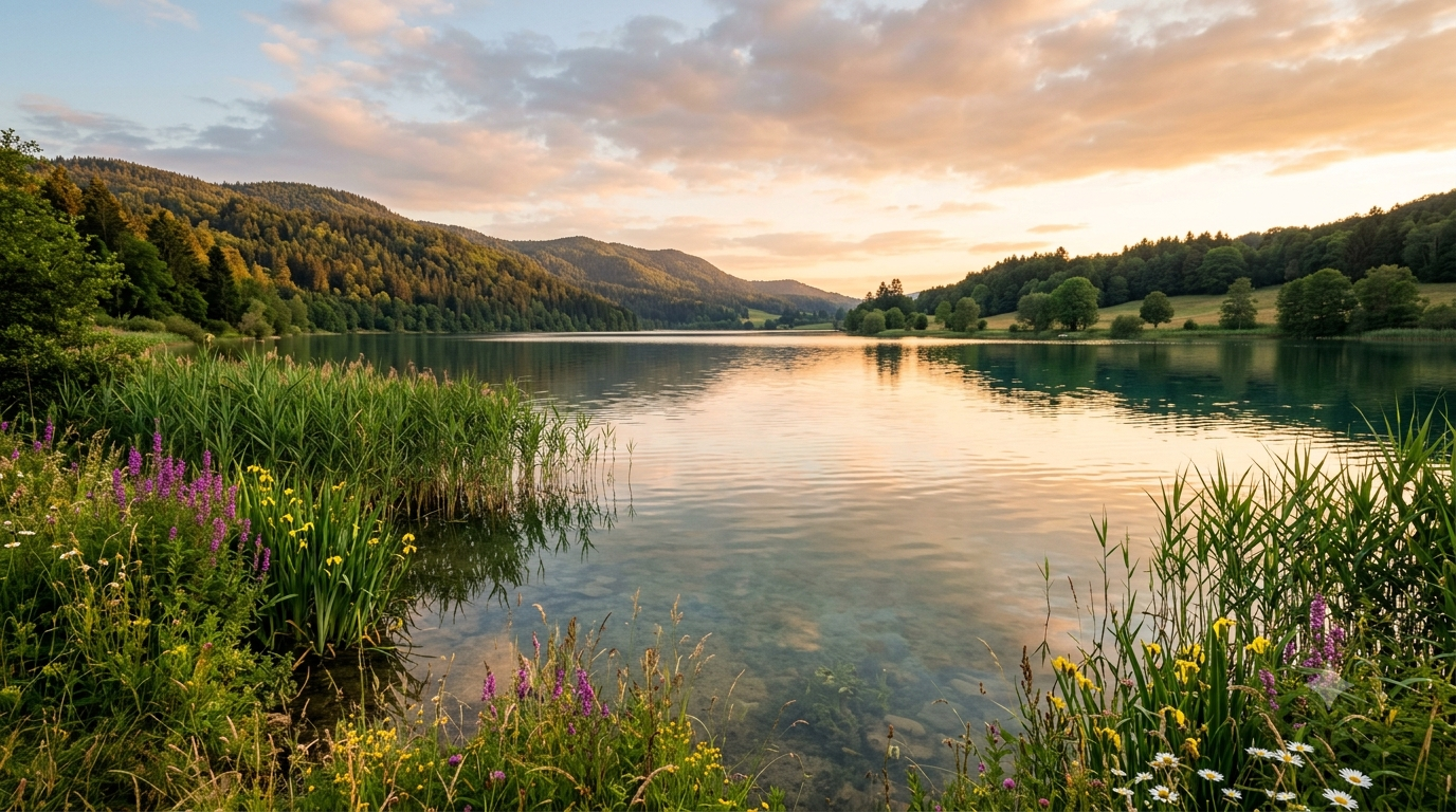 Calm freshwater lake at golden hour with reeds and wildflowers along the shoreline and forested hills behind