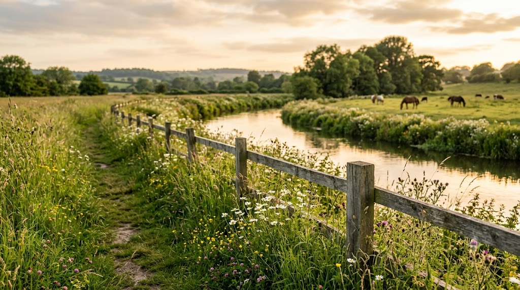 A peaceful summer meadow beside a calm river at golden hour, with a grassy footpath, wooden fence and distant grazing horses — the kind of countryside where horseflies are common.
