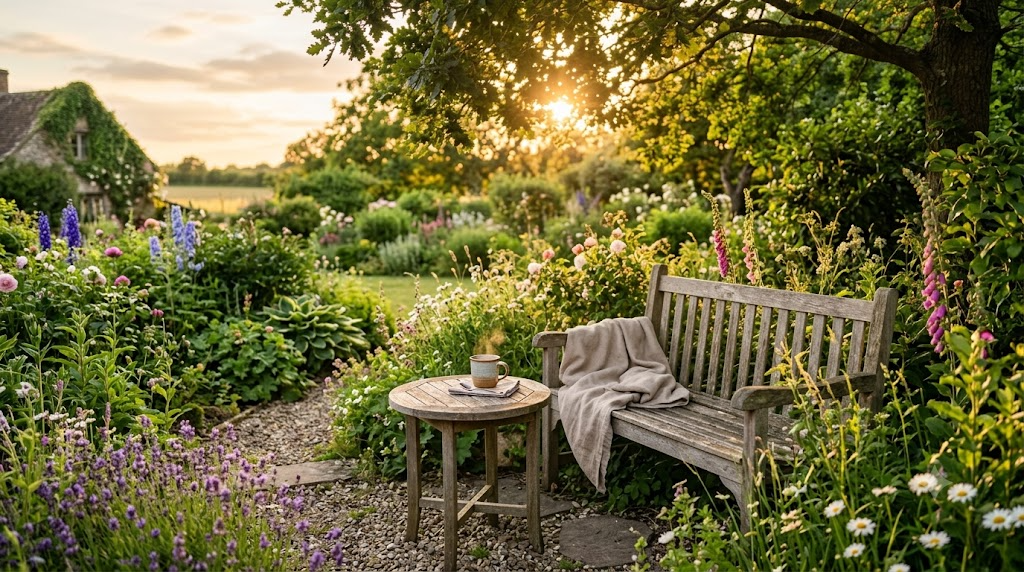 A peaceful English cottage garden at golden hour with a wooden bench, linen throw and a cup of tea among wildflowers