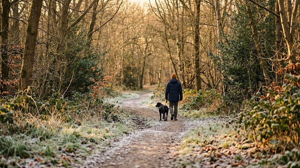 A walker and their dog on a frosty woodland trail at golden hour in winter, illustrating that ticks stay active on mild winter days.