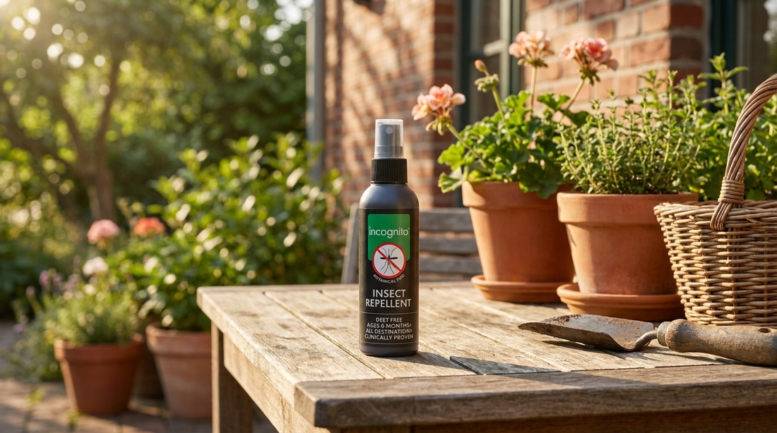 incognito® DEET-free insect repellent spray on a wooden garden table next to terracotta plant pots on a sunny terrace