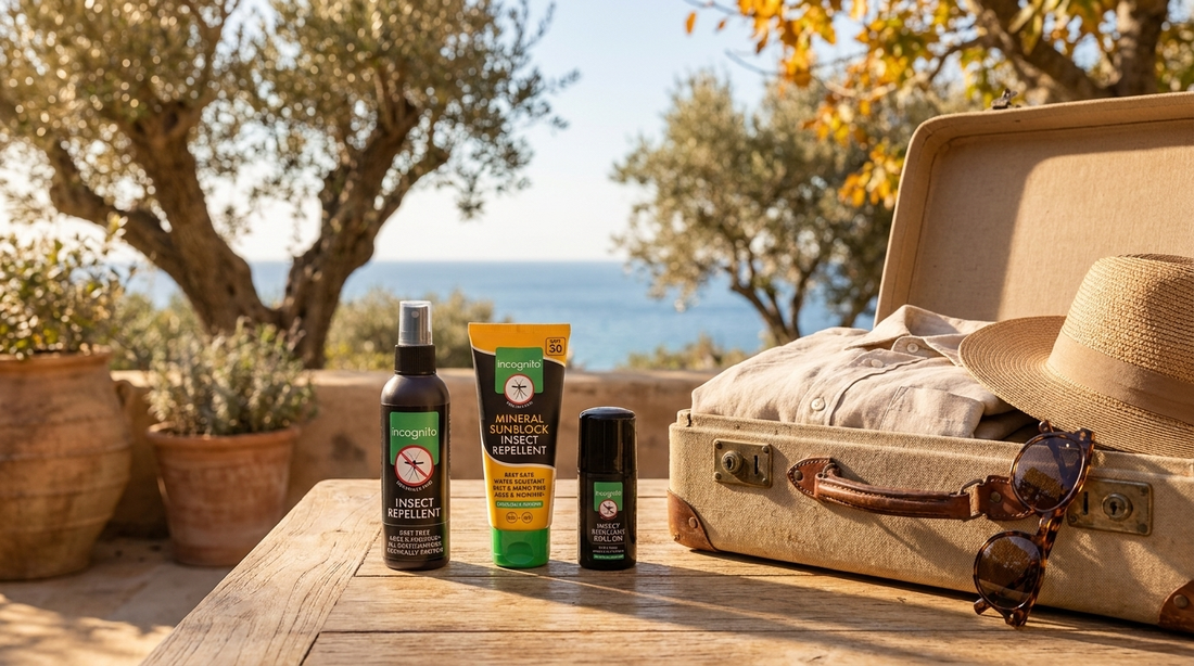 incognito® insect repellent spray, roll-on and mineral SPF30 sunblock on a sunny Mediterranean terrace next to a packed suitcase for an October half-term trip