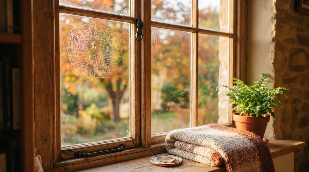 Sunlit wooden window in autumn with a delicate dew-covered spider web in the corner, a knitted blanket and potted plant on the sill