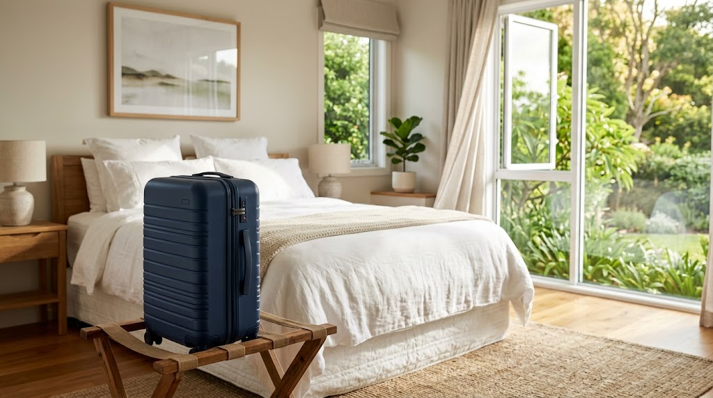 A closed hard-shell suitcase on a wooden luggage rack in a bright hotel room, kept off the neatly made bed to avoid bed bugs