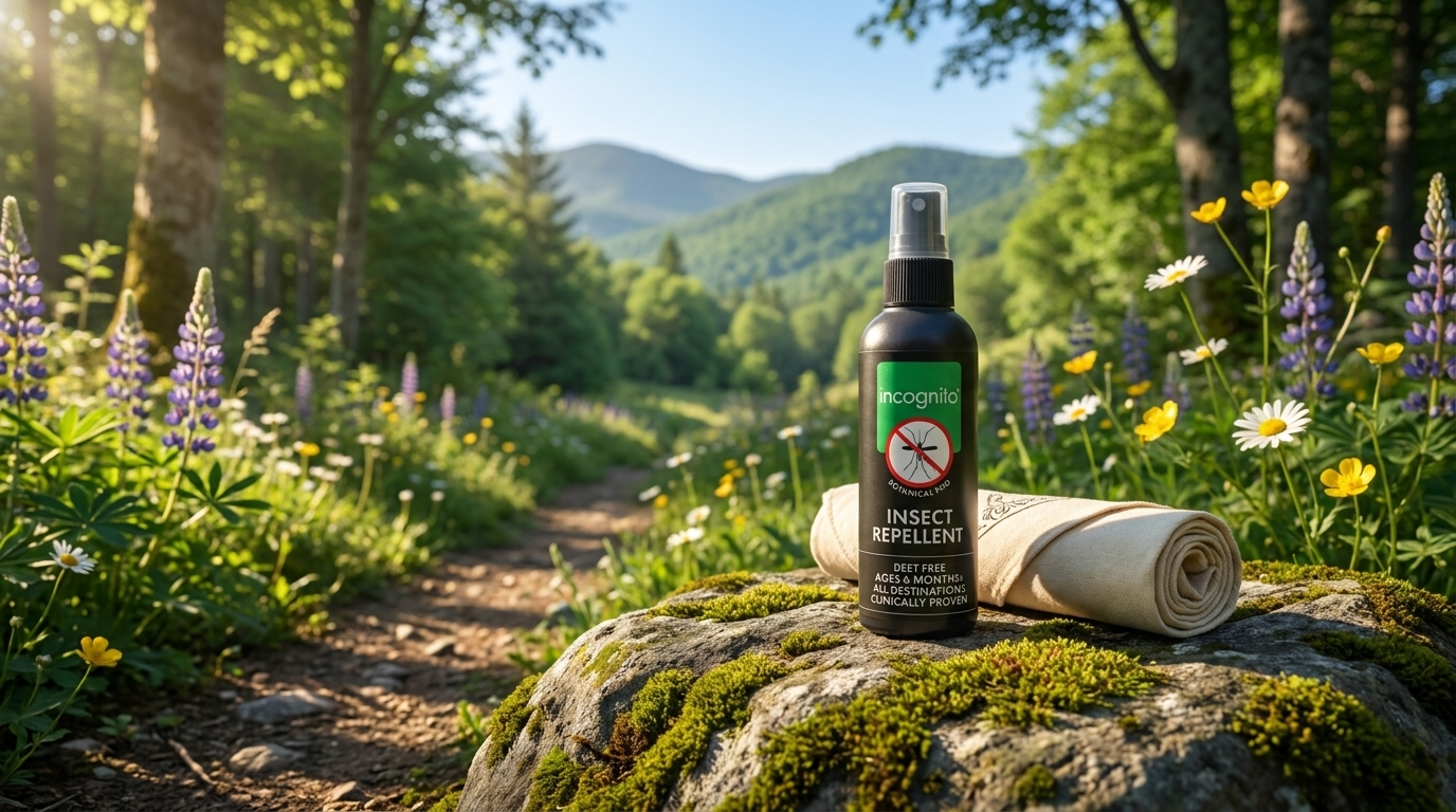 incognito® DEET-free insect repellent spray on a mossy rock beside a rolled bandana on a sunny mountain hiking trail with wildflowers