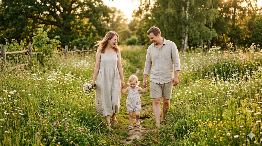 A young family with a small child walking through a sunny wildflower meadow at golden hour, enjoying DEET-free outdoor protection