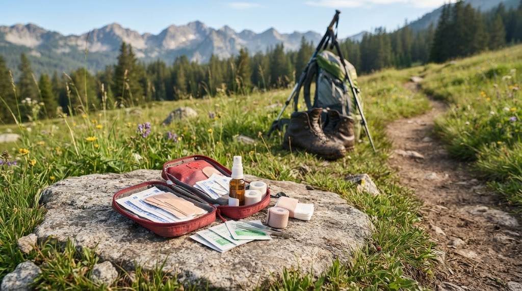 Open hiking first-aid pouch with plasters, antiseptic wipes and tweezers on a rock beside a mountain trail, with boots and a backpack behind