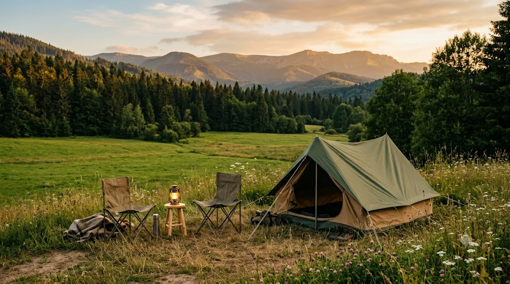 A small tent pitched in a green European meadow at golden hour, with forest and hills behind and camp chairs and a lantern nearby — calm summer camping scene