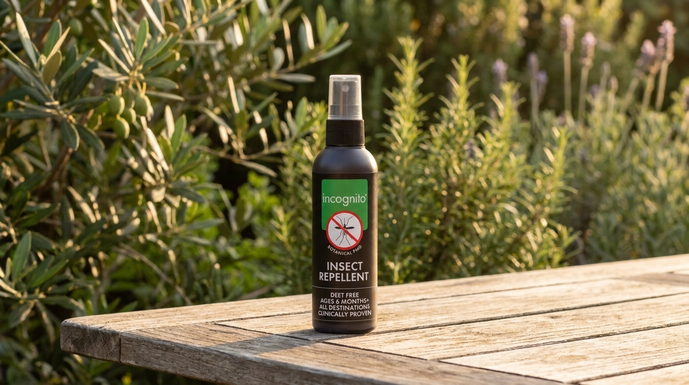 incognito® DEET-free insect repellent spray bottle on a wooden garden table with Mediterranean olive and lavender foliage in warm late-afternoon light