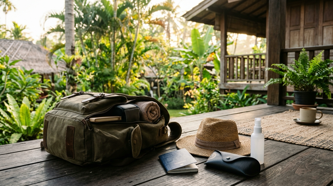 Traveller's backpack, passport, straw hat and spray bottle on a wooden terrace of a tropical guesthouse in morning light