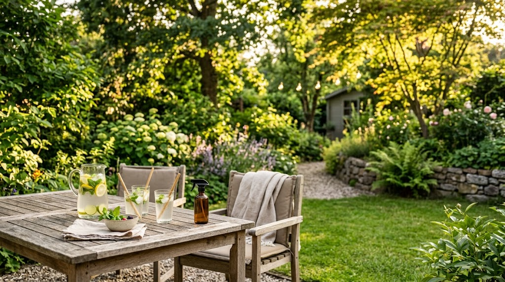 A relaxed summer evening in a lush green garden at golden hour, with a wooden table and cold drinks — an on-brand, DEET-free outdoor scene for avoiding mosquito bites.