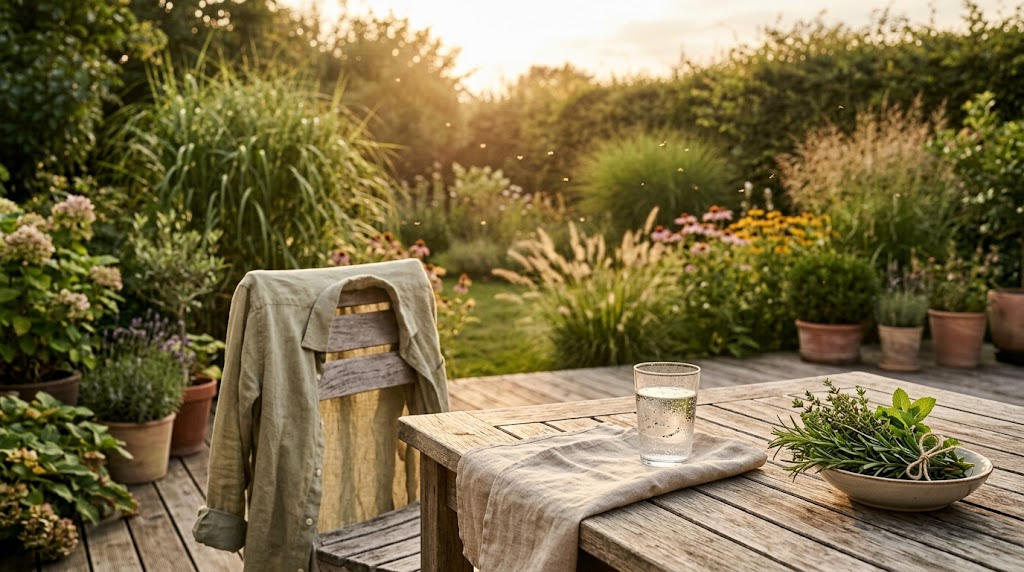 Warm golden-hour garden terrace with a wooden table, a glass of water, fresh herbs and a long-sleeved shirt over a chair — a calm evening setting where mosquitoes bite