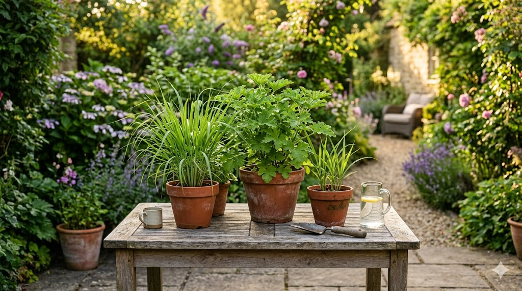 Terracotta pots of citronella and lemongrass plants on a wooden garden table in a sunny summer garden