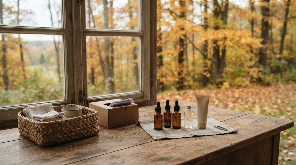 Insect repellent bottles, sun cream and a tick remover sorted on a wooden table by an autumn window, next to a basket and a recycling box