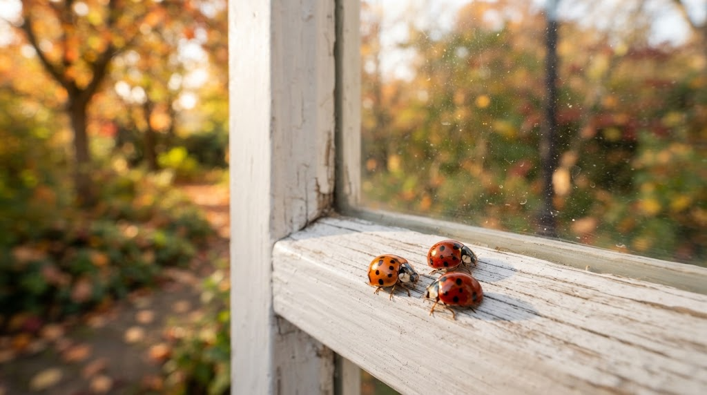 Three harlequin ladybirds resting on a sunlit white wooden window frame with a blurred autumn garden in the background