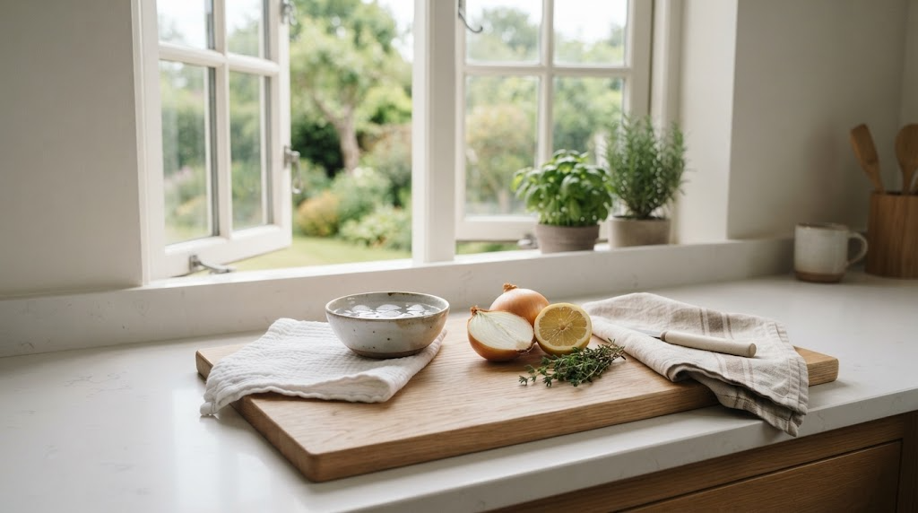 Sunlit kitchen counter by an open window with a folded white cloth, a bowl of ice water, a halved onion and lemon on a wooden board — classic home remedies for itchy insect bites
