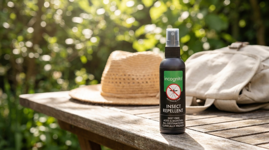 incognito® DEET-free insect repellent spray on a sunlit garden table, illustrating how long repellent lasts and when to reapply