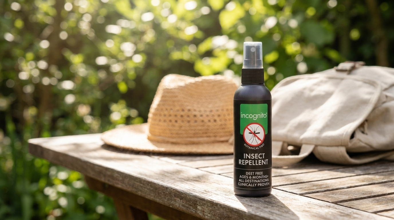 incognito® DEET-free insect repellent spray on a sunlit garden table, illustrating how long repellent lasts and when to reapply