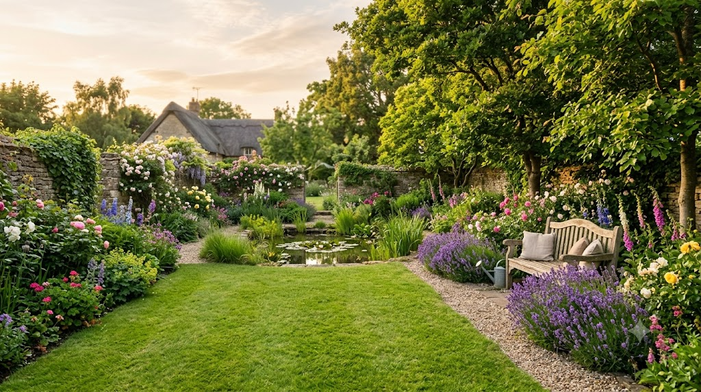 A peaceful sunlit English country garden with a lawn, lavender borders, a wooden bench and a small pond — a naturally mosquito-managed outdoor space