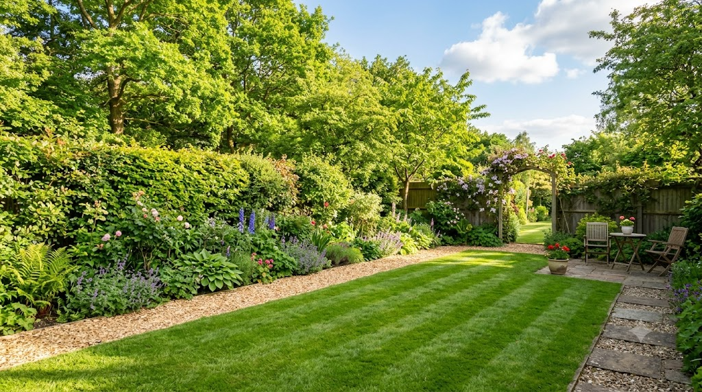 A tidy sunny back garden with a neatly mown striped lawn and a gravel barrier strip separating it from a leafy green hedge — a tick-unfriendly garden layout.