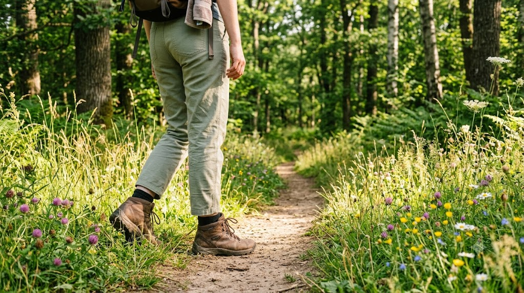 Hiker walking along a sunlit woodland trail edged with tall summer grass and wildflowers