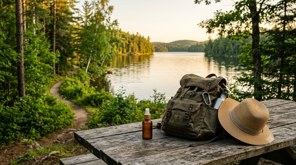A natural DEET-free insect-repellent spray bottle on a wooden table by a sunny lakeside forest trail with a travel daypack and sun hat — sustainable travel protection, incognito®, winner of the 2026 P.E.A. Awards Travel category.