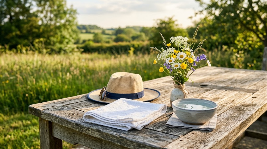 A folded clean cotton cloth and a bowl of cool water on a weathered wooden garden table beside wildflowers and a straw hat, sunlit summer meadow behind