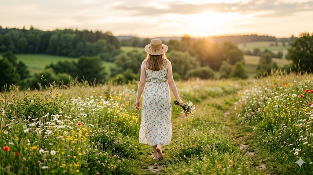 Calm expectant mother in a light summer dress and sun hat walking through a sunlit wildflower meadow at golden hour — a natural, DEET-free outdoor scene